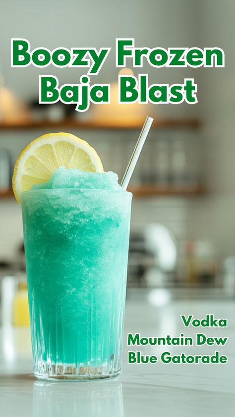 Boozy Frozen Baja Blast Blue Gatorade Drink Alcohol, Frozen Vodka Cocktails, Mixed Drinks Alcoholic, Blue Gatorade, Alcoholic Recipes, Classic Vodka Cocktails, Vodka Mixed Drinks, Tropical Drink Recipes, Cocktail Cards