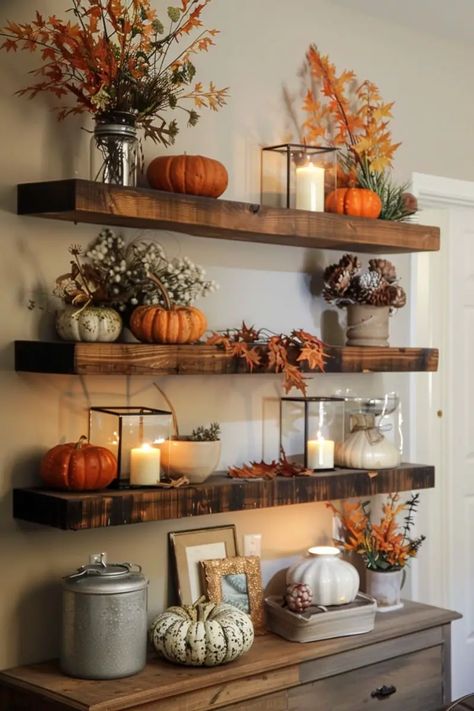 25 Fall Decor Shelves Living Room Ideas Fall Shelf Decor Ideas, Fall Shelf Decor, Autumn Living Room, Autumn Interior, Fall Room Decor, Fall Living Room, Fall Decor Inspiration, Fall Deco, Fall Thanksgiving Decor