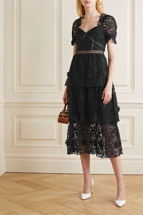 Jimmy Choo Pumps, Tiered Midi Dress, Guipure Lace, Romantic Dress, Lace Midi, Black Crochet, Lace Midi Dress, Crochet Trim, Designer Gowns