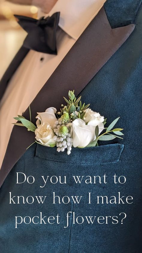 Rebecca Hobbs Floral Design |Cotswold Florist | The latest trend for the guys, pocket flowers! A simple fool proof way to wear flowers. See how I make mine, easy and practical. Save for… | Instagram Buttonaire Wedding Groomsmen, Pocket Boutonniere Winter, Flower Pocket Square Diy, Prom Pocket Square Flowers, Floral Pocket Square Boutonniere Diy, White Flower Pocket Boutonniere, How To Make Button Holes, Pocket Square Boutonniere Diy, Boutonniere Pocket Square