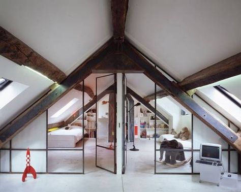 Converted Attic, Attic Inspiration, Paris House, Chic Apartment, Attic Office, Glass Room Divider, Attic Bedroom Designs, Attic Loft, Barn Renovation