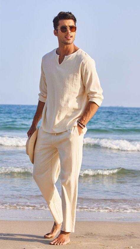 Linen Men Outfit, Linen Outfit Men, Mens Beach Outfits, Mens Linen Outfits, Vacation Outfits Men, Beach Outfit Men, Linen Style Fashion, Linen Pants Outfit, Mens Linen Pants