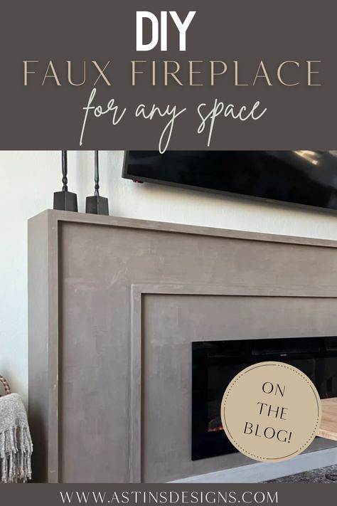 Looking for a cozy update to your living room? This DIY Faux Fireplace tutorial shows you how to easily create a beautiful focal point without the hassle of a real fireplace! Perfect for adding warmth and charm, this simple faux fireplace project uses Roman clay for a chic finish. Tap to get the full step-by-step guide and learn how to transform your space with this creative and budget-friendly design! Built In Faux Fireplace Living Rooms, Fireplace That Doesnt Go To Ceiling, Textured Fireplace Wall Diy, Diy Stone Fireplace Mantle, Faux Fireplace Stone Wall, Standalone Fireplace Living Rooms, Diy Storage Mantle, Diy Portable Fireplace, How To Reface A Fireplace