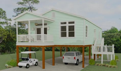 Exterior rendering of The Imperial • Model IMP-2403A  manufactured home on stilts House Plans On Stilts, Home On Stilts, Stilt Home, Manufactured Homes Floor Plans, 2 Bedroom Floor Plans, Mobile Home Floor Plans, Modular Home Floor Plans, House On Stilts, 2 Bedroom House Plans