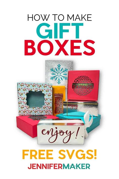 How to make gift boxes in several styles for treats, tumblers, and more Silhouette Cameo Boxes, Gift Box Template Free, Cricut Scoring Stylus, Jennifer Maker, Shein Gift Card, Mugs Unique, Projets Cricut, Gift Box Design, Gift Box Template