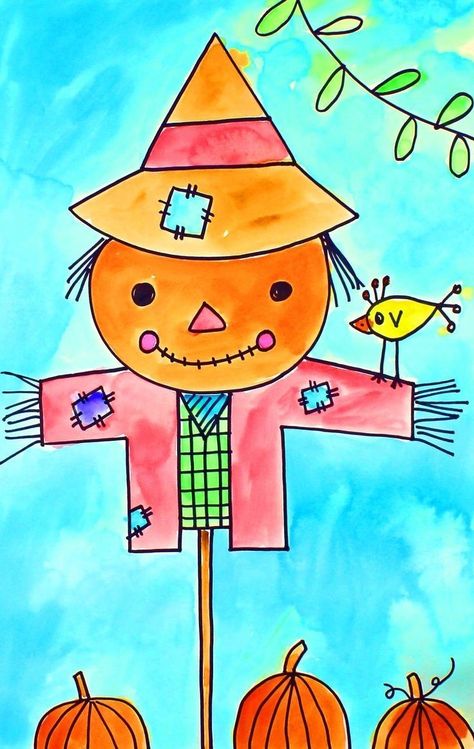 Scarecrow Drawing, Fall Drawings, Easy Art For Kids, Fall Art Projects, Easy Drawings For Kids, Drawing Activities, Video Art, Art Lessons Elementary