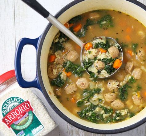 This Sausage and Kale Soup with Arborio Rice can be made in less than 30 minutes and is incredibly savory! This will be your new favorite soup! @Walmart and @RiceSelect #ad #UnforgettableRice #soup #dinner Arborio Rice Soup, Sausage And Kale, Sausage And Kale Soup, Brown Rice Pasta, Rice Recipes For Dinner, Kale Soup, Arborio Rice, Delicious Gluten Free Recipes, Food Critic