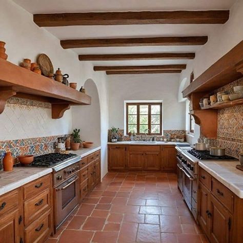 Spanish Villa Interior Kitchen, Kitchens With Spanish Tile Floors, Pueblo Style Kitchen, Small Hacienda Kitchen, Spanish Style Mudroom, Saltillo Tile Floor Kitchen, Spanish Style Small Kitchen, Spanish Colonial Style Kitchen, Kitchen Ideas Mexican Style