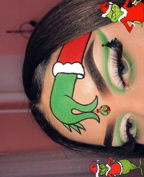 Dramatic Christmas Makeup, Grinch Makeup Looks Easy, Christmas Makeup Looks Creative, Simple Grinch Makeup, Grinch Inspired Makeup, Grinch Makeup Looks, Christmas Tree Makeup, Creative Christmas Makeup Looks, Easy Christmas Makeup Looks