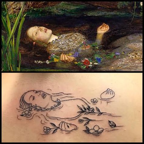 Jhon Everett Ophelia Art Illustration, Secret Of Kells Tattoo, Garden Of Earthly Delights Tattoo, Surrealist Tattoo Ideas, Ophelia Painting Tattoo, Famous Painting Tattoos, Fiona Apple Tattoo Ideas, Fern Gully Tattoo, Ophelia Drawing