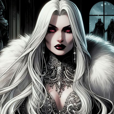 Vampire Bride Art, Character Design White Hair, Vampire Queen Art, Vampire Woman Art, Vampire Lady, Morgana Le Fay, Vampire Illustration, Vampire Pictures, Dark Princess