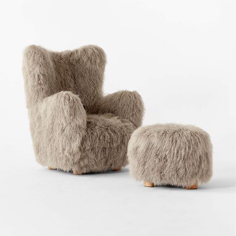 Bozzi Taupe Mongolian Sheepskin Chair and Ottoman Set by Ross Cassidy + Reviews | CB2 Cowboy Living Room, Arm Chair With Ottoman, Shearling Chair, Sheepskin Chair, Velvet Lounge Chair, Chair With Ottoman, Modern Ottoman, Tufted Chair, Chair And Ottoman Set