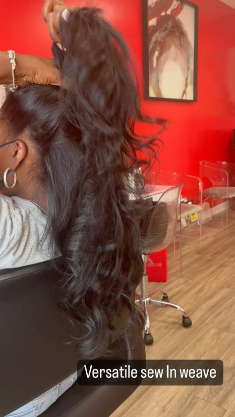 Two Part Flip Method Sew In Weave. You can choose to wear a side part or a middle part also you can put it in a very high ponytail.… | Instagram Double Part Sew In, Side Part Quick Weave With Flipped Ends, 360 Sew In, Sew In Closure Middle Part, Sew In Side Part Leave Out, Traditional Sew In Weave Middle Part, Sew In Hairstyles Side Part, Middle Part Sew In Tutorials, Jet Black Side Part Sew In