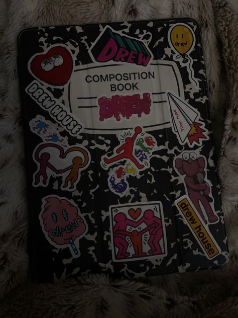 #ipadcase #ipad #aesthetic #kaws #drew #justinbieber #keithharing Notebook Ipad Case, Kaws Aesthetic, Composition Notebook Ipad Case, Ipad Decorations Sticker, Pink And Black Kaws Widgets, Ipad Case With Stickers, Ipad Cases Aesthetic, Ipad Case Kaws, Ipad Case Ideas