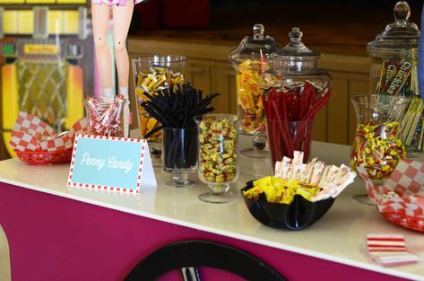 50s Diner Soda Shop 1st Birthday | CatchMyParty.com 1950s Party Ideas, Retro Birthday Party, Grease Party, Retro Birthday Parties, Sock Hop Party, 50's Diner, 70 Birthday, Garage Party, Diner Party