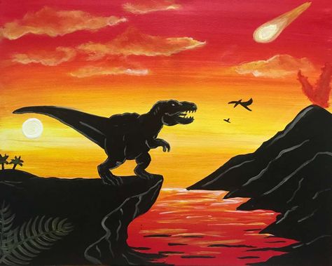 Jurassic End - Sun, Mar 13 11AM at Federal Way Acrylic Paint Dinosaur, Dinosaurs Painted On Rocks, Dinosaur Canvas Painting, Watercolor Negative Painting, Dinosaur Silhouette, Kids Camp, Silhouette Painting, Easy Canvas Painting, Canvas Painting Designs