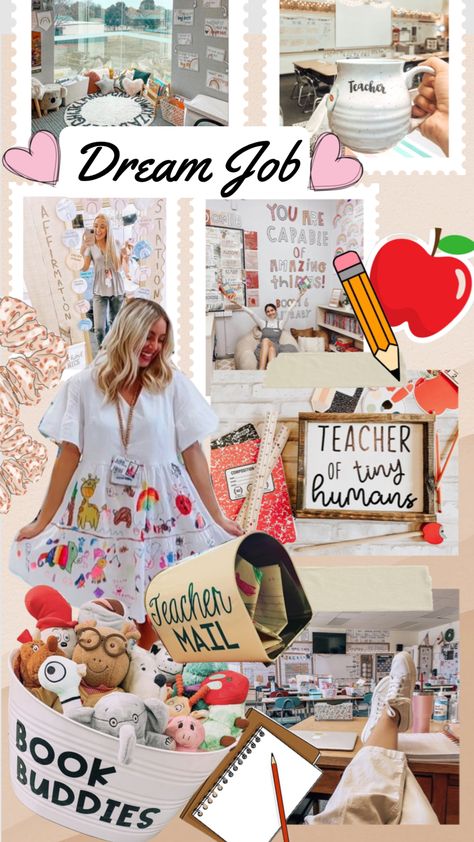 Teacher Dream Board, Teacher Dream Job, Teacher Kindergarten Aesthetic, Teacher Job Aesthetic, Job Mood Board, Teacher Mood Board, Teaching Vision Board, Elementary Education Major Aesthetic, Dream Life Aesthetic Job