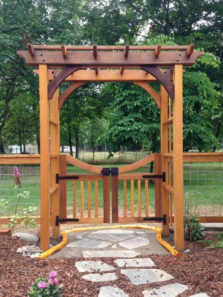 Garden Arbor With Gate, Backyard Fencing, Arbor Gate, Cedar Arbor, Cedar Gate, Garden Gates And Fencing, Garden Archway, Garden Gate Design, Wooden Arbor