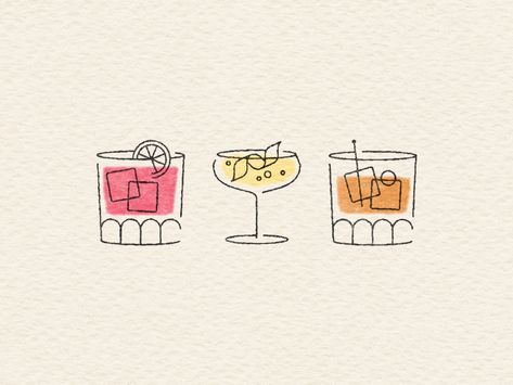 Mid Century Cocktail Illustration, Cute Graphics Illustration, Drawings Of Cocktails, Drawing Of Cocktail, Cocktail Sketch Art, Cocktail Doodle Easy, Old Fashioned Drawing, Old Fashioned Illustration, Retro Cocktail Illustration