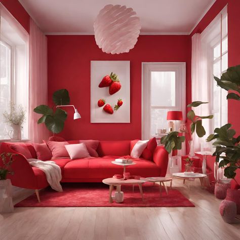 step into the rich warmth of a strawberry bliss lounge, where elegance meets vibrant red hues. Adorned with a sweet strawberry painting and hints of green, this living room is a delightful retreat. 🍓🌿 #strawberrybliss #elegantred #homedelight #redinterior #chicliving #prettydetails #cozy #interiorcharm  #livingroominspo #huesofred #homevibes #strawberrydecor #lushgreens #home #house #room #lounge #livingroom #red #redcore #redroom #redtheme #inspo #inspiration #roomdecor #homedecor Strawberry Living Room, Strawberry Painting, Strawberry Bliss, Color Room, Strawberry Decorations, Red Rooms, Chic Living, Elegant Red, House Room