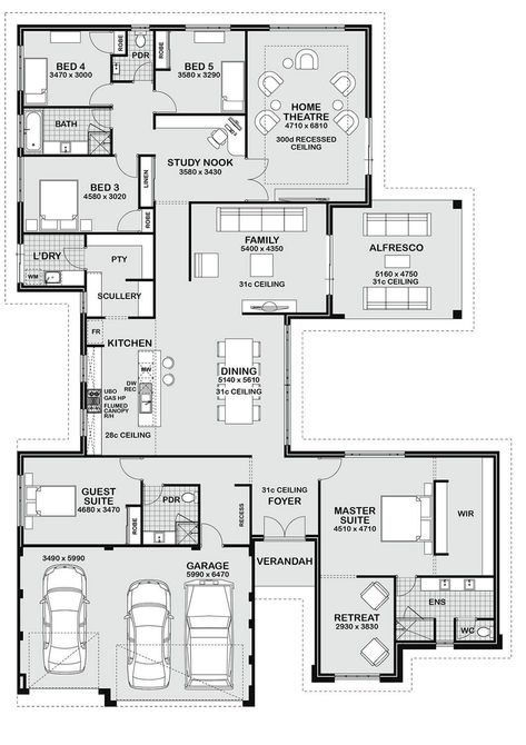 Large House Plans, House Plans Australia, 5 Bedroom House Plans, Two Story House, 4 Bedroom House Plans, Home Design Floor Plans, House Layout Plans, Bedroom Floor Plans, 5 Bedroom House