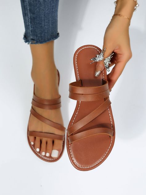 Rust Brown Elegant Collar   Plain Slides Embellished   Women Shoes Women Casual Flats, Soft Sandals, Women Flat Sandals, Flip Flops Style, Aesthetic Shoes, Leather Slippers, Fashion Sandals, Slides Shoes, Womens Sandals Flat