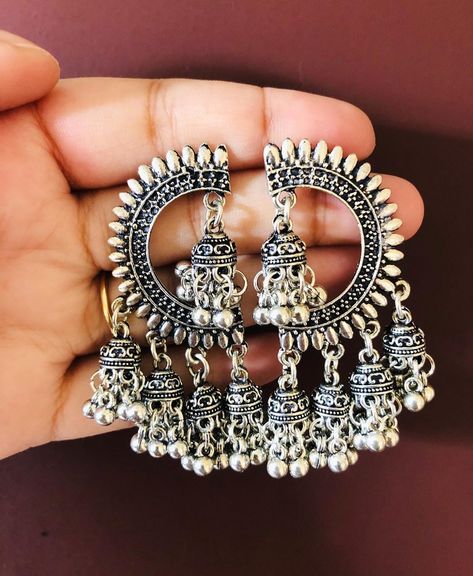 Instagram Jewellery Store on Instagram: “#jhumkas😍 #jhumkabali #chandbalis #chandbalistyle #diwalijewellery #diwalijewellerycollection #trendyearringsph #onlinestoreindia…” Oxidised Jhumka, Rajasthani Jewellery, Black Metal Jewelry, Oxidised Jewelry, Silver Jewellry, Oxidised Silver Jewelry, Silver Jewelry Accessories, Indian Jewelry Earrings, Indian Bridal Jewelry Sets