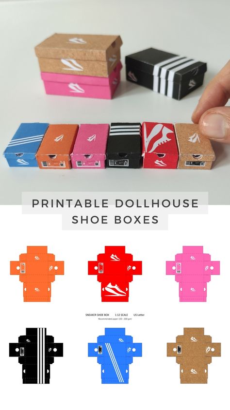 1/12 scale printable shoes boxes for dollhouses and dioramas Carton Design Ideas, Dollhouse Paper Printables, Mini Dollhouse Diy, Paper Crafts Free Printable, Cute Box Template, Shoe Box Doll House Diy, Miniature Boxes Printable, Miniature Printables Free, 1:12 Dollhouse