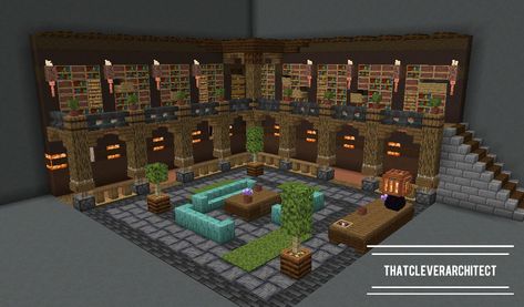 Minecraft castle library, lounge area, medieval and steampunky. Small Library Minecraft, Minecraft Medieval Library, Minecraft Library Build, Minecraft Cactus, Library Minecraft, Minecraft Library, Castle Library, Abandoned Library, Fantasy Library