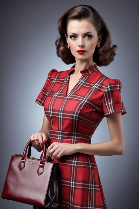 Distinguished woman in red checkered dress and handbag by Caro - Playground Red Checkered Dress, Woman In Red, Red Checkered, Checkered Dress, Create Art, Dress Outfit, Image Generator, Social Media Posts, Dress Outfits