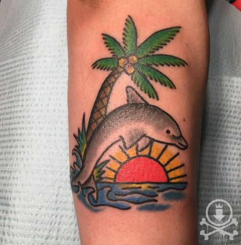 American Traditional Ocean Theme Tattoo, American Traditional Dolphin Tattoo, Traditional Dolphin Tattoo, American Traditional Ocean Tattoo, Palm Tree And Dolphin Tattoo, Traditional Sealife Tattoo, Dolphin Traditional Tattoo, Traditional Sea Creature Tattoo, American Traditional Aquatic Tattoo