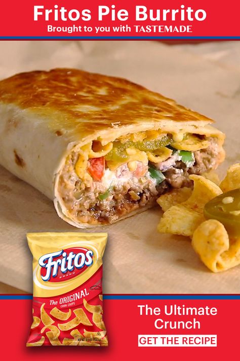 Take your Fritos Pie to the next level by wrapping it in a flour tortilla and loading up the crunchy corn chips. #Sponsored by Fritos Frito Pie Burrito, Frito Burrito Recipes, Beefy Frito Burrito Recipe, Frito Cowboy Cabbage, Recipes Using Fritos Corn Chips, Fritos Burrito, Fritos Recipes, Frito Recipes, Chili Fritos