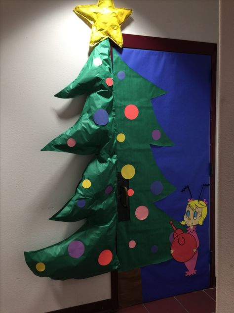 Cindy Lou Who door decoration #dr. Seuss Cindy Lou Door Decoration, Cindy Lou Who Door Decoration, Tree Door Decoration, Dr Seuss Christmas, Hanger Christmas Tree, Christmas Tree Door, Door Decorations Classroom Christmas, Christmas Tree Decorating Tips, Daycare Classroom