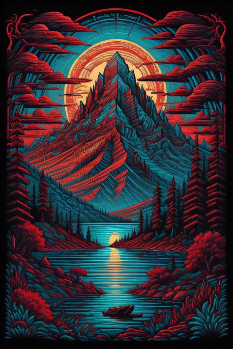 a painting of a mountain with a lake in the foreground, in the style dan mumford artwork, painting by dan mumford, by Dan Mumford, in the art style of dan mumford, dan mumford and alex grey style, ( ( ( ( ( dan mumford ) ) ) ) ), dan mumford. maya render, inspired by Dan Mumford, dan mumford. concept art, dan mumford paint Alex Gray Art, Dan Mumford, Alex Grey, Graphic Poster Art, Grey Style, Graphic Poster, Artwork Painting, Art Wallpaper, Beautiful Art