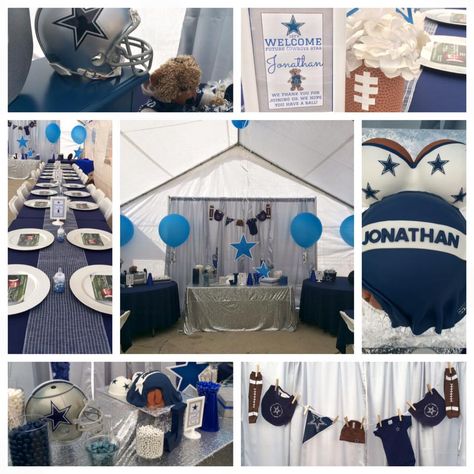 Dallas Cowboys Baby Shower display table - candy table - setup - decorations. Dallas Cowboys Balloon Garland, Dallas Cowboys Candy Table, Cowboys Theme Party Dallas, A Little Cowboy Is On His Way Decorations, Dallas Cowboys Baby Shower, Dallas Cowboys Theme, Cowboy Baby Shower Theme, Dallas Cowboys Birthday, Boy Baby Shower Food