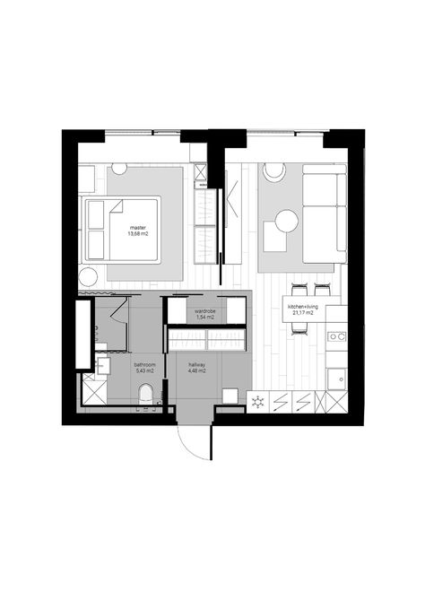 Decorative Vs Minimalist: Two Homes Under 50 Sqm (With Floor Plans) 50 Sqm House Design Floor Plans, 1 Bed Floor Plan, 50sqm Floor Plan, 50 Sqm Floor Plan, Nyc Bedroom Ideas Small Spaces, Small Apartment Floor Plan, Minimalist Floor Plan, Nyc Bedroom Ideas, Efficient Floor Plans