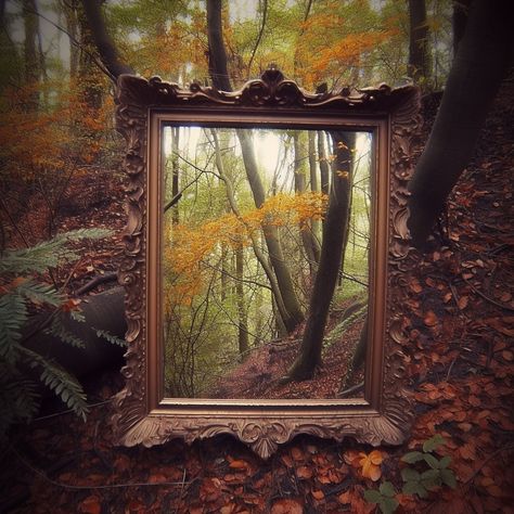 Deep within an ancient forest, where sunlight trickled through a canopy of leaves like shards of gold, there stood a peculiar mirror. But this mirror wasn't just any reflection; it held the power to reveal the truest desires of those who dared to gaze into its depths. Mirror In Nature, Forest Mirror, Fairy Shoot, Old Mirror, Ancient Forest, Photography Classes, Hanging Mirror, In The Forest, Round Mirrors