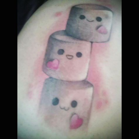 Marshmallow Tattoo Ideas, Marshmallow Tattoo, Cute Marshmallows, M Tattoos, Sibling Tattoos, Book Tattoo, Cartoon Tattoos, Face Tattoo, Eye Tattoo