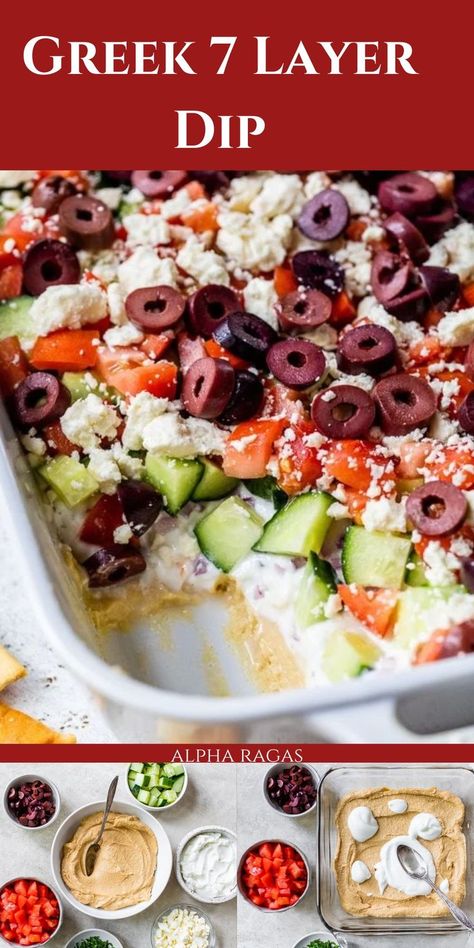 This 7 Layer Greek Dip is layered with hummus, garlic-lemon Greek yogurt topped with cucumbers, tomatoes, red onions, feta, and kalamata olives. Grab some pita chips and serve it at your next party! Greek 7 Layer Dip, 7 Layer Greek Dip, Greek Hummus Dip, Greek Layer Dip, Mediterranean Dip, Lemon Greek Yogurt, Greek Yogurt Toppings, Greek Dip, 7 Layer Dip