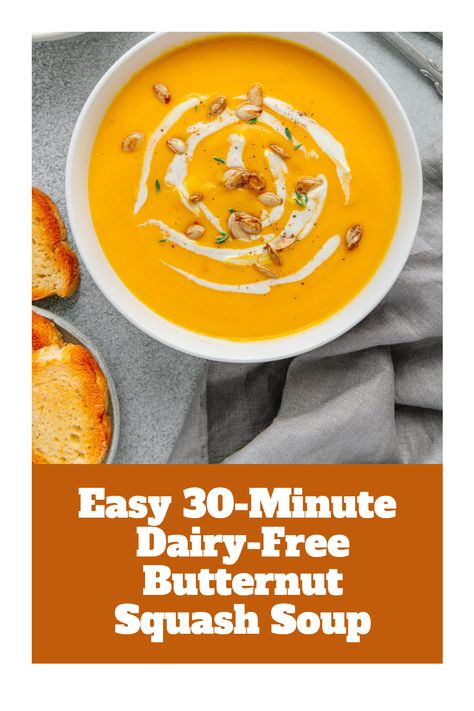 Cozy up in a hurry with this quick and easy dairy-free butternut squash soup recipe that comes together in just 30 minutes and only uses one pot! This simplified version uses just 9 ingredients and does not involve any roasting. The result is a delicious and incredibly creamy soup that the whole family will love. Perfect for Thanksgiving! Dairy Free Creamy Soup, Dairy Free Butternut Squash Soup, Gluten Free Dairy Free Butternut Squash Soup, Butternut Squash Soup Dairy Free, Butternut Squash Soup No Dairy, Non Dairy Butternut Squash Soup, Vegan Gluten Free Butternut Squash Soup, Thick Creamy Butternut Squash Soup, Butternut Squash Recipes Soup Coconut Milk