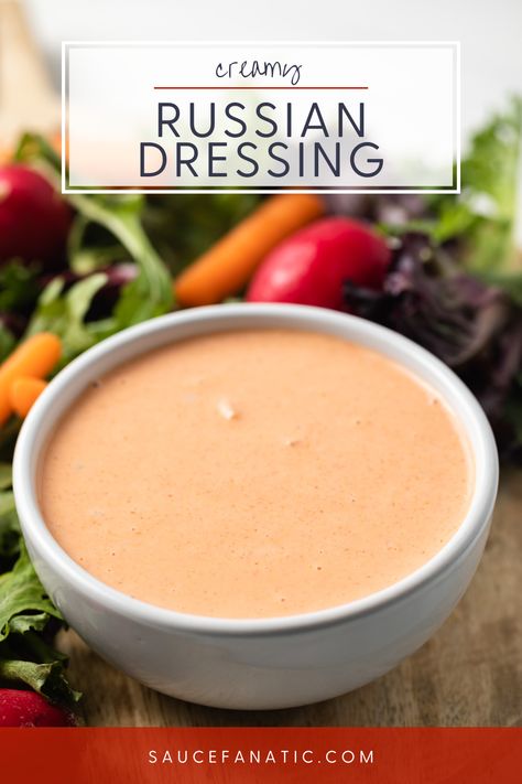 Russian dressing is creamy, slightly spicy, tangy, and perfect as a sandwich spread or salad dressing. Russian Salad Dressing, Homemade Russian Dressing, French Fry Sauce, Dill Relish, Honey Sriracha Sauce, Russian Salad, Homemade Appetizer, Homemade Buffalo Sauce, Russian Dressing