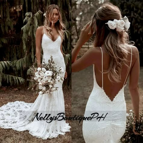 Channel your inner bohemian goddess in this elegant lace mermaid wedding dress. The spaghetti straps and backless design add a touch of allure, perfect for a beach or destination wedding. The V-neckline and sweep train create a stunning silhouette, while the lace detailing adds a romantic and bohemian flair. This gown is ideal for the bride seeking a unique and free-spirited look on her special day. FOR CUSTOMIZED MEASUREMENTS, please send; Color =  Full Bust =  inches(cm) Waist =  inches(cm) Hi Springtime Wedding Dresses, Wedding Dresses Simple Lace Boho, Wedding Dresses Lace Backless, Fit And Flare Beach Wedding Dress, Lightweight Wedding Dress Summer, Beach Wedding Dress Open Back, Spaghetti Strap Lace Mermaid Wedding Dress, 2024 Beach Wedding Dresses, Boho Backless Wedding Dress