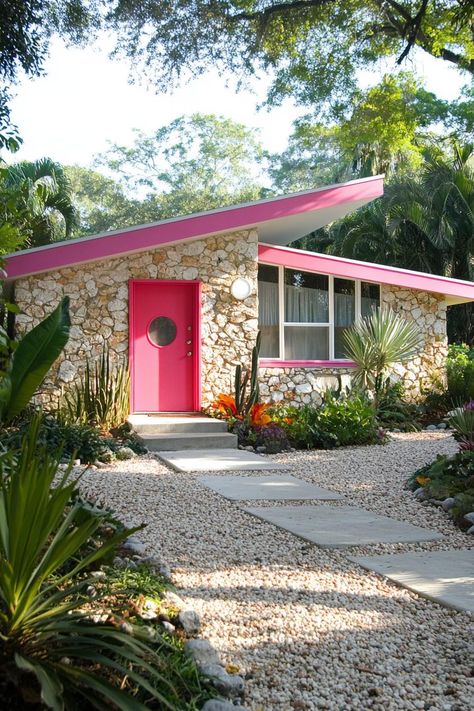 Mid-century modern house with a pink door and stone facade. Get ready for a sun-soaked adventure in Palm Springs’ mid-century marvels, where sleek design meets desert vibes and retro never looked so cool! Midcentury Farmhouse Exterior, Houses In Austin Texas, Miami Modern House, Houses Mid Century Modern, Tiny House Mid Century Modern, Palm Springs Modernism, Tiny Mid Century Modern Home, Fun Airbnb Ideas, Palm Springs Aesthetic Outfits