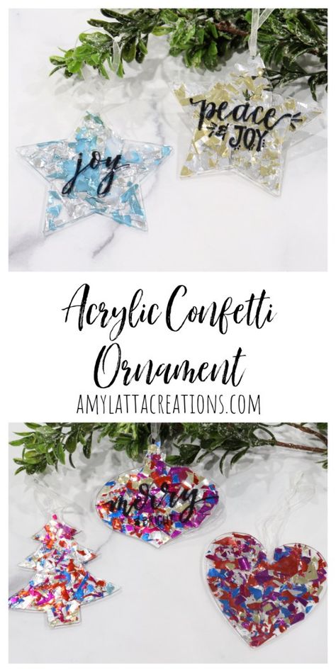 Acrylic Confetti Ornament Decorating Acrylic Ornaments, How To Paint On Acrylic Ornaments, Homemade Acrylic Ornaments, 2nd Grade Ornament Ideas, Acrylic Ornaments Diy Kids, Acrylic Christmas Ornaments Diy, Acrylic Disc Ornaments Diy, Clear Acrylic Ornaments Diy, Round Acrylic Ornament Ideas