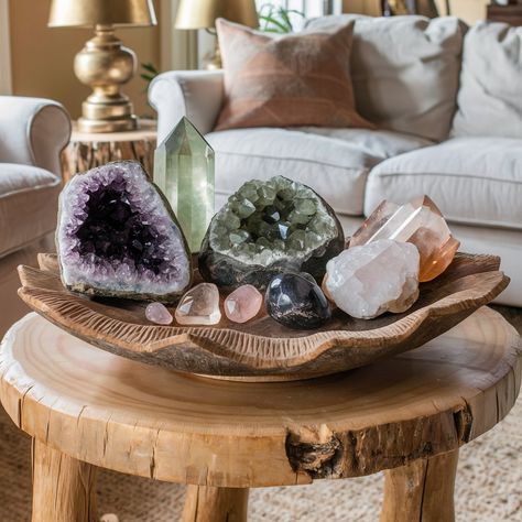 Best Crystals for Living Room Harmony: A Complete Guide Crystals And Gemstones Aesthetic, Gemstone Decor, Crystal Display, Crystal Healing Room, Rose Quartz Properties, Red Tent, Healing Room, Displaying Crystals, Meditation Rooms