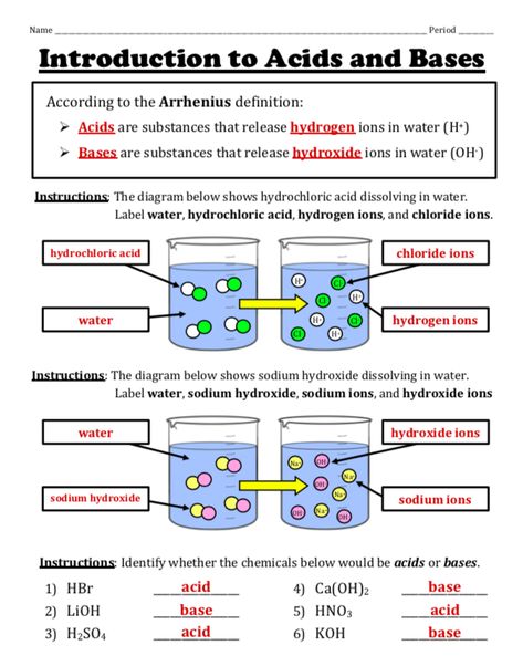 Teach your students about acids and bases using this great, detailed set of worksheets!
This worksheet set guides students through the following topics:  definition of acids and bases, ions released when acids and bases are dissolved in water, qualities and characteristics of acids and bases, naming acids and bases, and writing chemical formulas for acids and bases. This set includes four (4) pages of worksheets/notes and a full ANSWER KEY. Acids And Bases Activities, Acids And Bases Chemistry Notes, Acid And Base Notes, Acid Bases And Salts Class 10 Notes, Biochemistry Amino Acids, Acids And Bases, Chemistry Activities, Chemistry Study Guide, Chemistry Basics