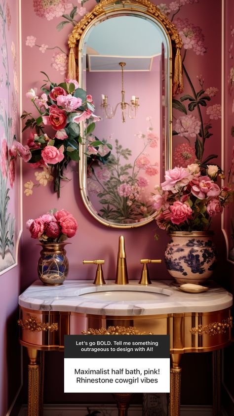 maximalist pink half bath Pink Maximalist Bathroom, Maximalist Half Bathroom, Maximalist Powder Room, Coquette Bathroom, Womens Bathroom, Maximalist Bathroom Decor, Pink Powder Room, Maximalist Bathroom, Half Bathroom Decor