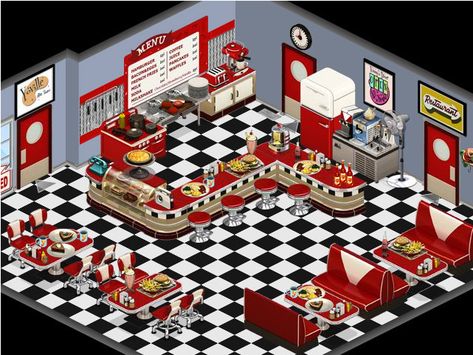 50S Diner Wallpaper Retro Restaurant Aesthetic, Diner Layout, Miniature Diner, 1950's Diner, Habbo Hotel, Street Food Design, Diner Aesthetic, 1950s Diner, 50's Diner