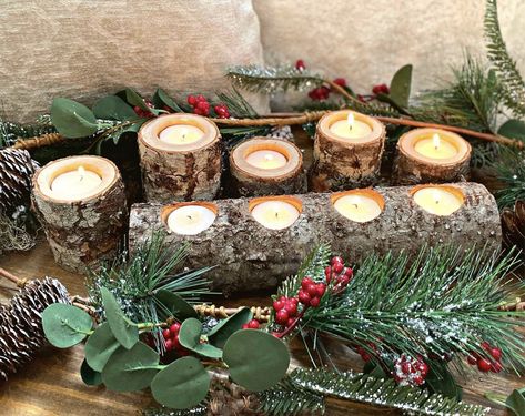 Winter Dinner Table, Winter Table Setting, Christmas Yule Log, Log Candle Holders, Log Candles, Tea Light Candle Holders, Tea Candle Holders, Winter Table, Dinner Table Setting