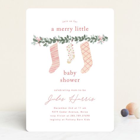 "merry little stockings" - Baby Shower Invitations in Cranberry by Rebecca Durflinger. Christmas Girl Baby Shower Ideas, Christmas Theme Baby Shower Ideas Girl, A Merry Little Baby Shower Theme, Fairy Baby Showers, Winter Shower, Snowflake Baby Shower, Holiday Baby Shower, December Baby, Fairy Baby